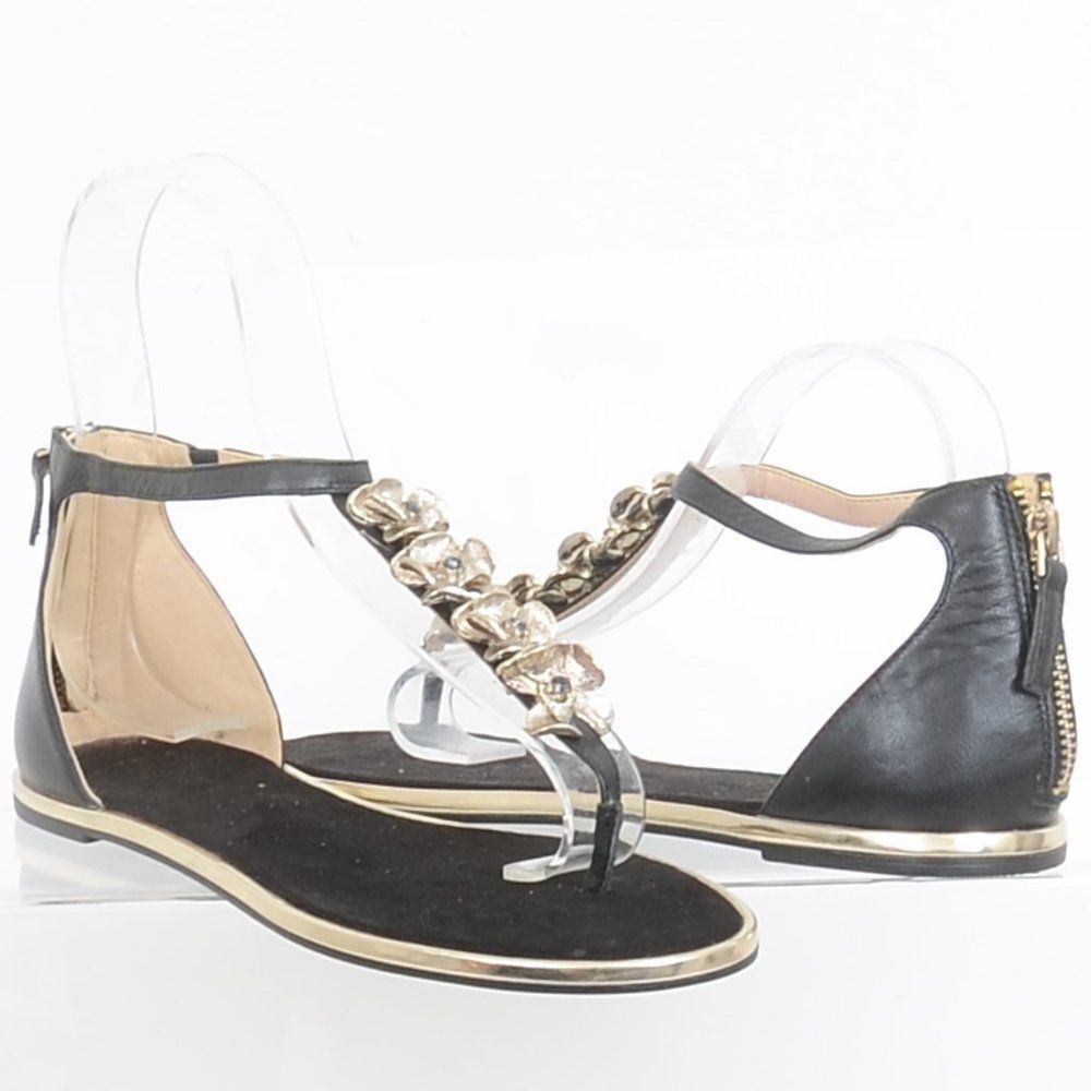 Nine West Women's Kayuga Leather Floral Thong Slip-On Zip Glam Sandal Size 9